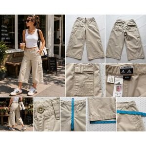 Adidas Womens Beige Cargo Capri Pants Stretch Wide Leg Cropped Khaki Size M